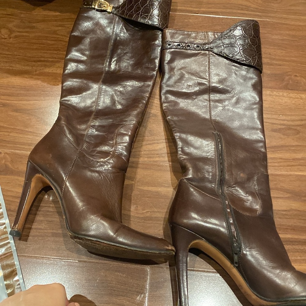 GUCCI / TOM FORD Runway Dark Brown Leather Logo Buckle Alligator Tall Boot 40 10 - Picture 3 of 10